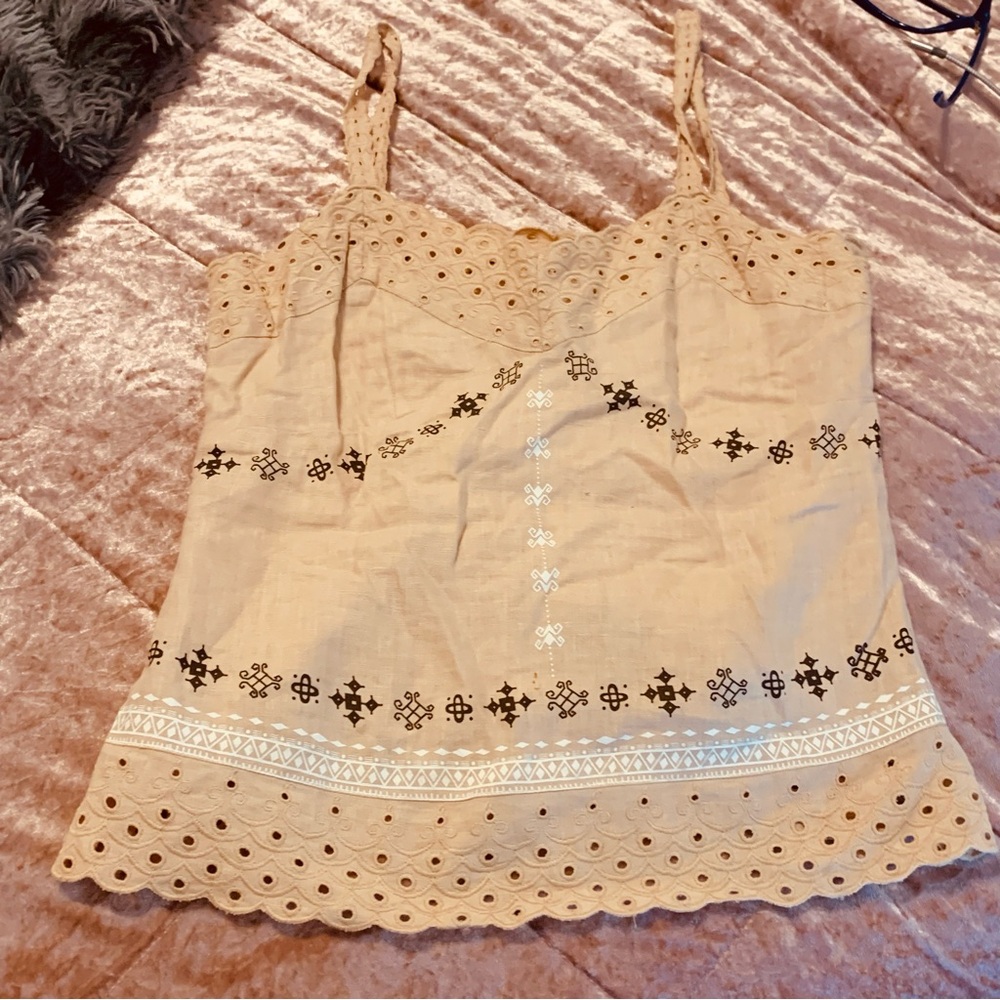 Harold's light brown 100% linen Eyelet Camisole painted Embroidery design New M